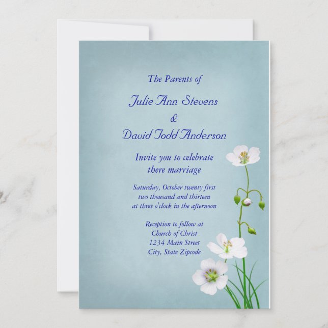 Invitation Fleur sauvage blanc sur Mariage bleu (Devant)