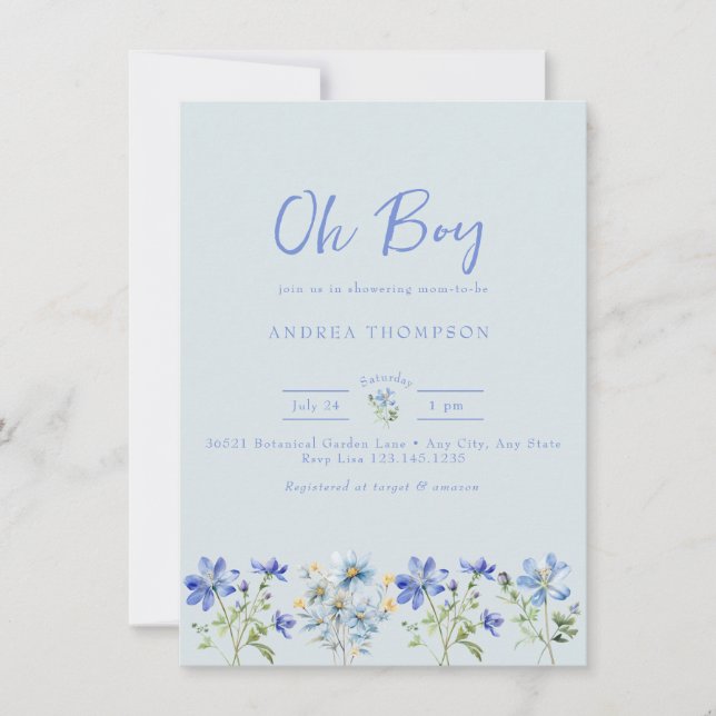 Invitation Fleur sauvage bleu | Aquarelle bébé garçon douche (Devant)