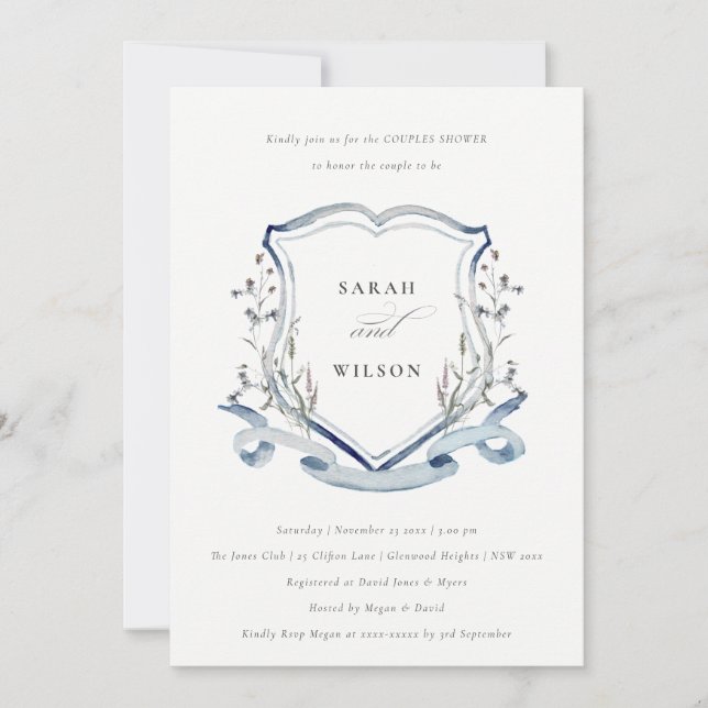 Invitation Fleur sauvage bleu aquarelle Crest Couples Douche (Devant)