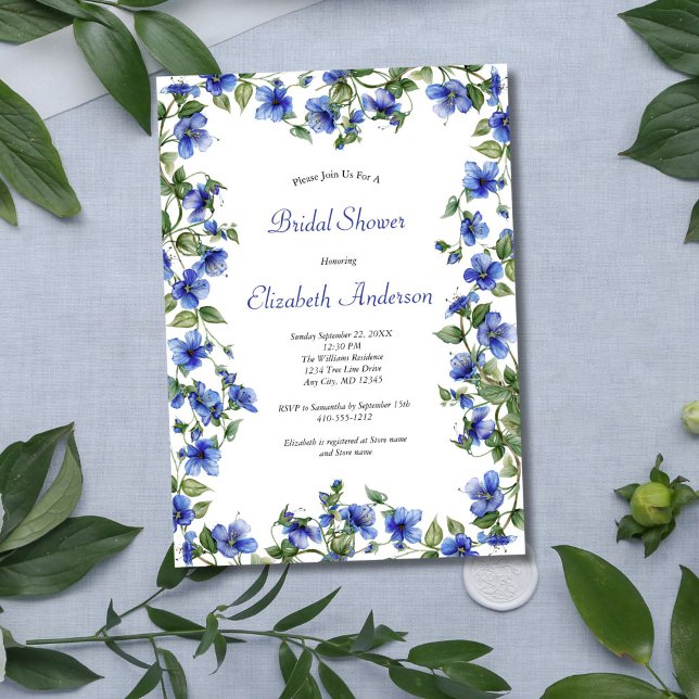 Invitation Fleur sauvage bleu aquarelle Fête des mariées élég (Blue Wildflowers Morning Glories Watercolor Bridal Shower invitation, Digital or Printed.)