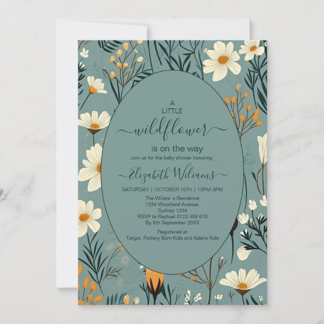 Invitation Fleur sauvage bleu Baby shower fille jardin (Devant)
