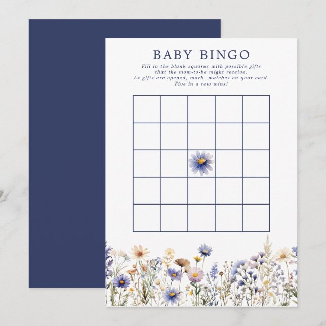Invitation Fleur sauvage bleu Boho Baby shower Bingo Jeu (Devant / Derrière)