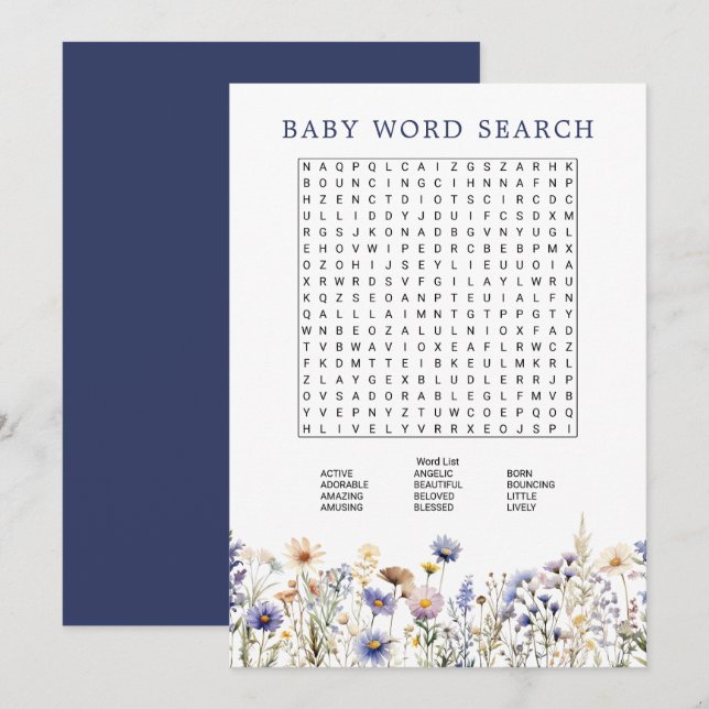 Invitation Fleur sauvage bleu Boho Baby shower mot de recherc (Devant / Derrière)
