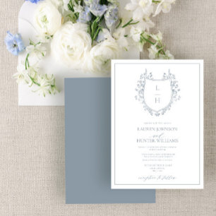Invitation Fleur sauvage bleu classique Monogram Crest Mariag