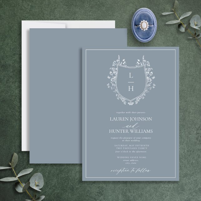 Invitation Fleur sauvage bleu classique Monogram Crest Mariag (Créateur téléchargé)