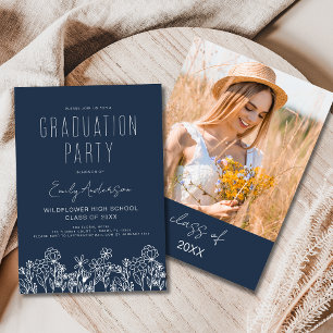 Invitation Fleur sauvage bleu de la marine Fleur de la Gradua