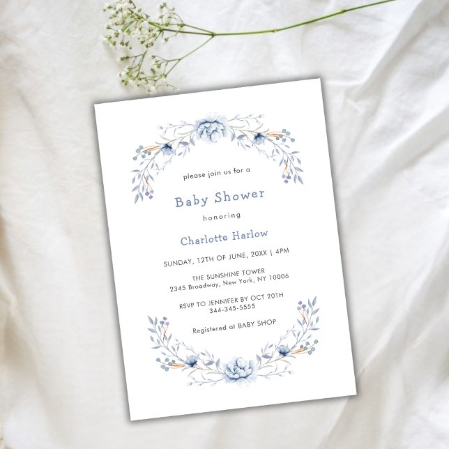 Invitation Fleur sauvage bleu d'hiver Floral Baby shower de c (Winter Blue Wildflower Floral Wreath Baby Shower Invitation)