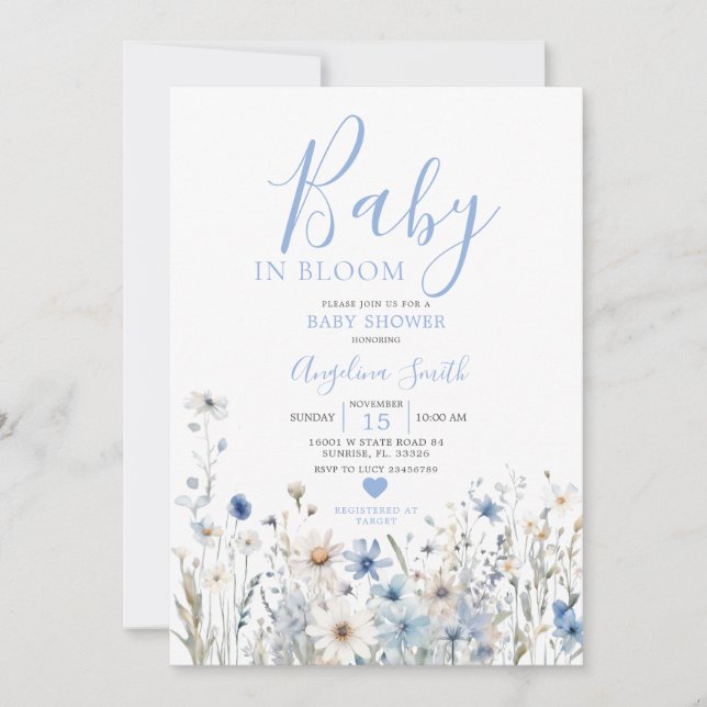 Invitation Fleur sauvage bleu Dusty Baby dans le Baby shower  (Devant)