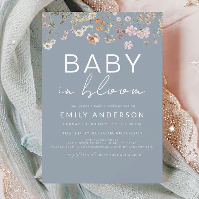 Invitation Fleur sauvage bleu Dusty Baby dans le Baby shower  (Créateur téléchargé)