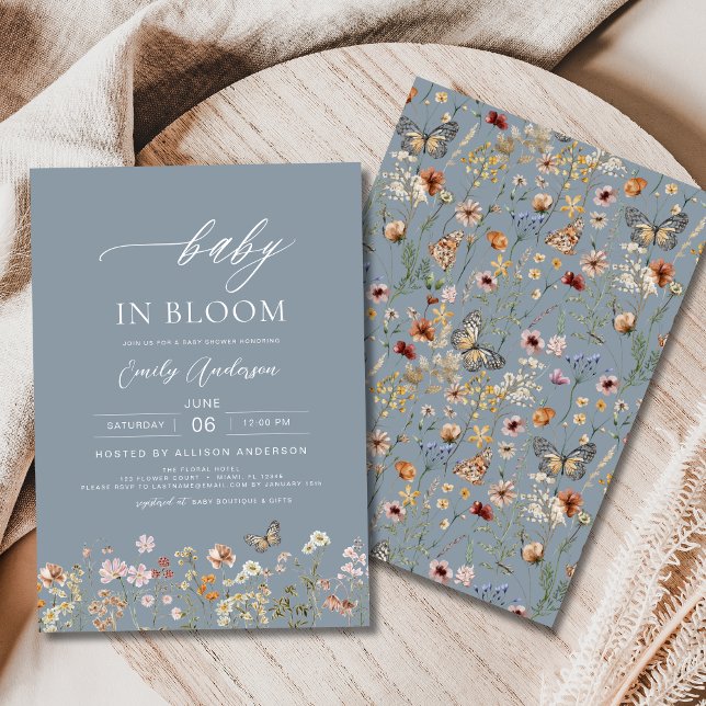 Invitation Fleur sauvage bleu Dusty Baby dans le Baby shower  (Créateur téléchargé)