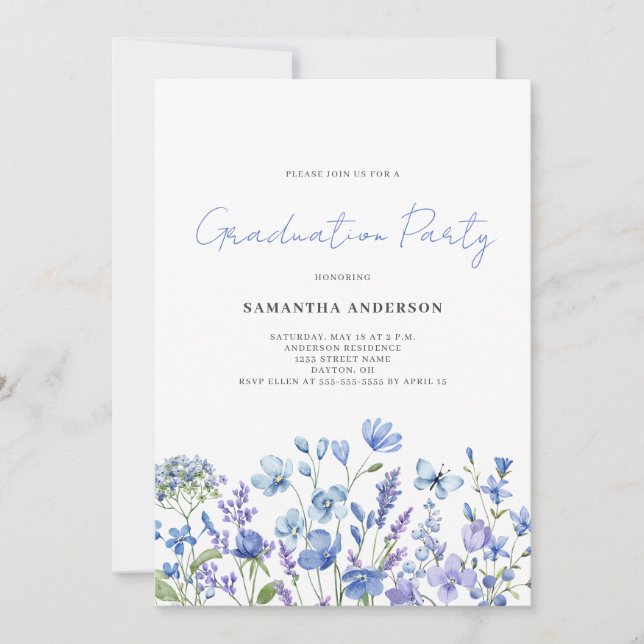 Invitation Fleur sauvage bleu Floral Graduation Party (Devant)
