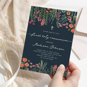 Invitation Fleur sauvage bleu foncé Première communion sainte