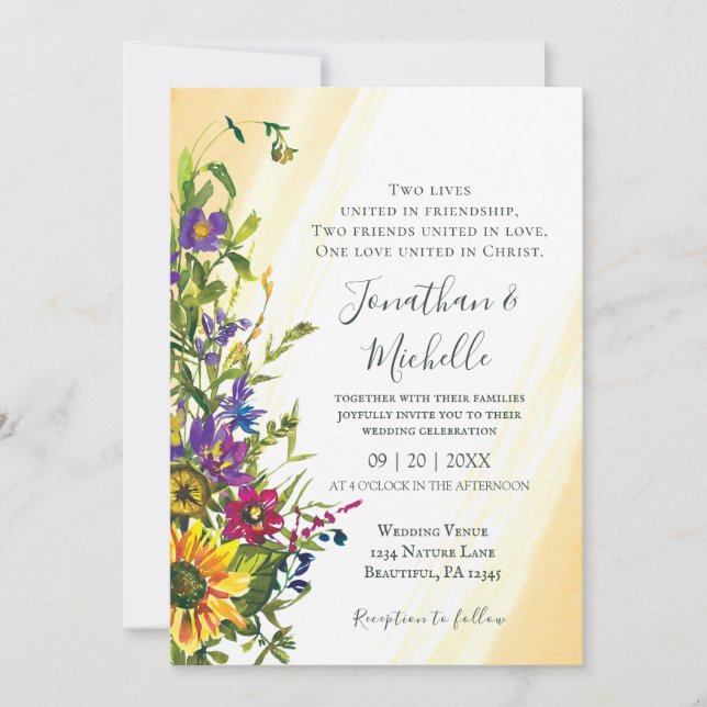 Invitation Fleur sauvage bleu jaune rose Mariage chrétien (Devant)