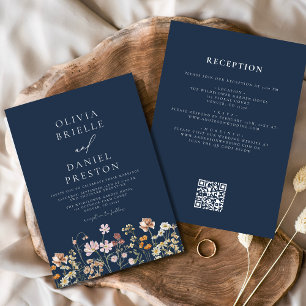 Invitation Fleur sauvage bleu marine tout en un Mariage de co