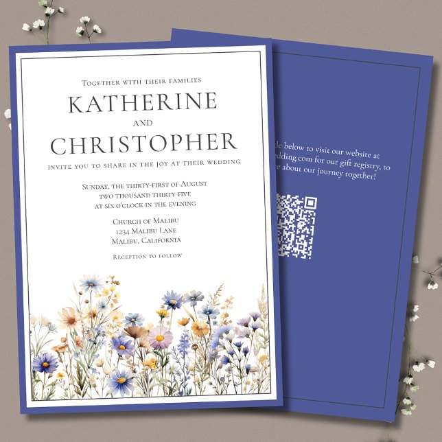 Invitation Fleur sauvage Bleu Moderne Élégant Mariage formel (Blue Wildflowers Elegant Formal Wedding Invitation with QR Code.)