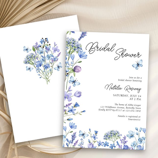 Invitation Fleur sauvage bleu moderne Script Fête des mariées (Floral Bridal Shower invitation from my Blue Wildflower Bridal Shower Collection )