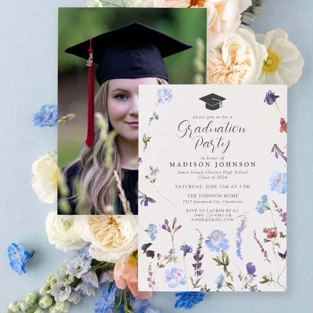 Invitation Fleur sauvage bleu photo Lycée Graduation Party (Bloom into a Grad - Celebrate in Style 🌸)