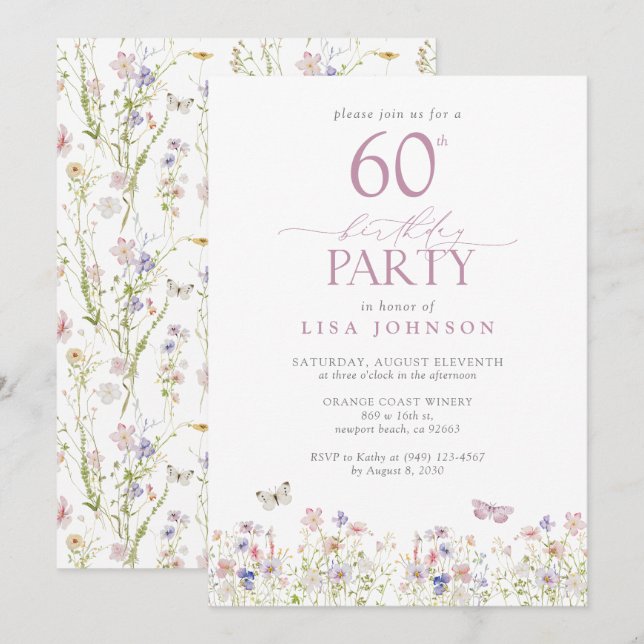 Invitation Fleur sauvage Blush rose 60e fête d'anniversaire É (Devant / Derrière)