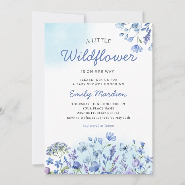 Invitation Fleur sauvage Boho aquarelle bleu Floral Baby Show (Devant)