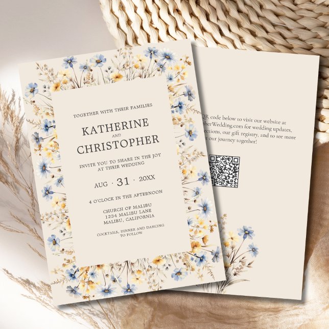 Invitation Fleur sauvage BOHO Aquarelle Elégante Mariage beig (BOHO Wildflowers Wedding Invitation with Blue and Yellow Wildflowers, QR Code, Beige Background.)