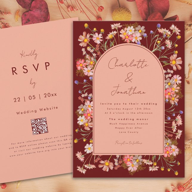 Invitation Fleur sauvage Boho Arch Terracotta Peach Mariage d (Wildflower boho arch terracotta burnt orange fall wedding invitation with whimsical script )