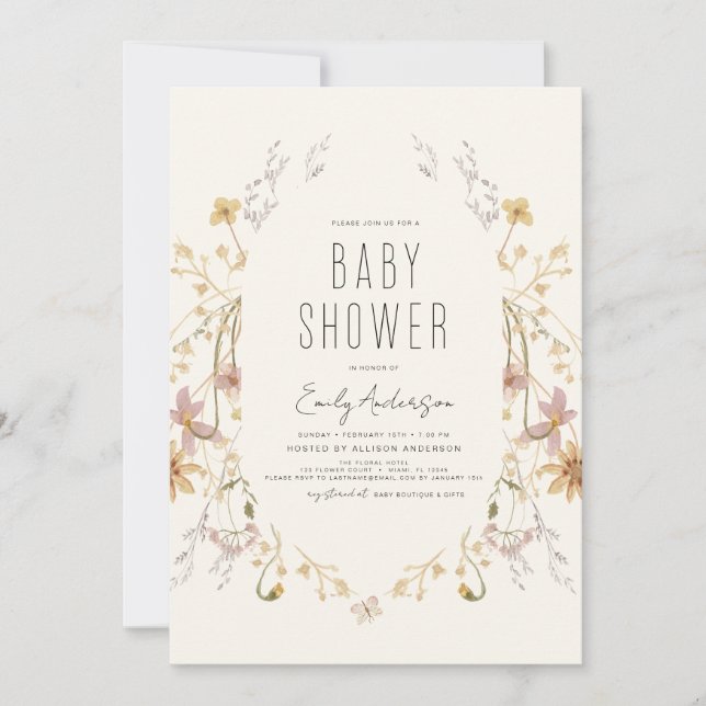Invitation Fleur sauvage Boho Baby shower élégant moderne (Devant)