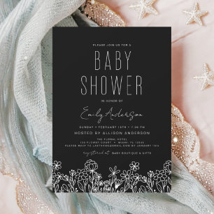 Invitation Fleur sauvage Boho Baby shower noir élégant