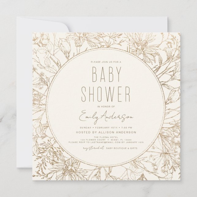 Invitation Fleur sauvage Boho Baby shower Or moderne (Devant)