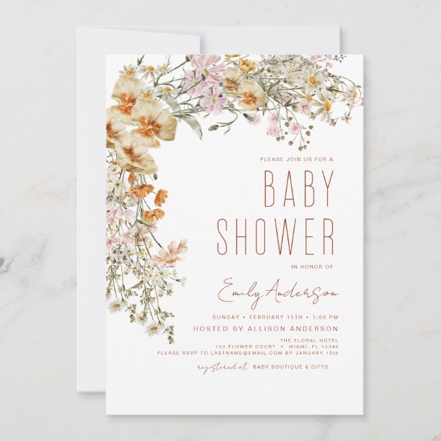 Invitation Fleur sauvage Boho Baby shower Terracotta Moderne (Devant)