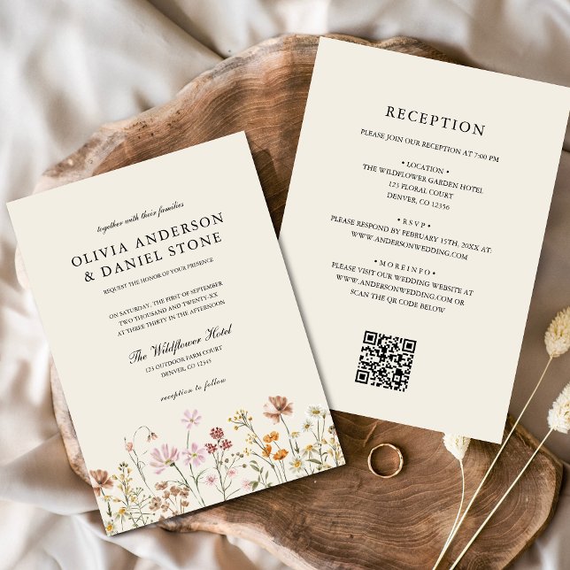 Invitation Fleur sauvage Boho Beige tout en un QR Code Mariag (Créateur téléchargé)