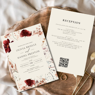 Invitation Fleur sauvage Boho Beige tout en un QR Code Mariag
