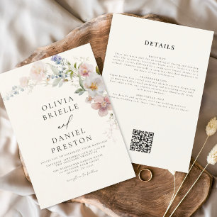 Invitation Fleur sauvage Boho Beige tout en un QR Code Mariag