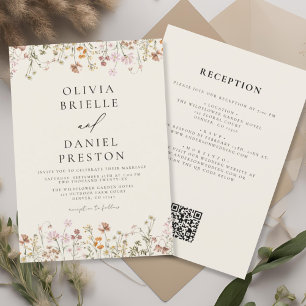 Invitation Fleur sauvage Boho Beige tout en un QR Code Mariag