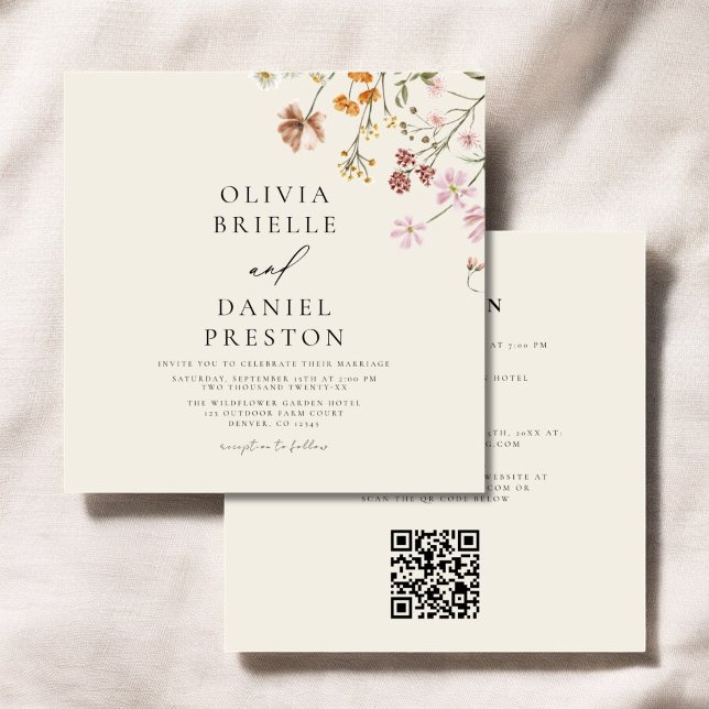 Invitation Fleur sauvage Boho Beige tout en un QR Code Mariag (Créateur téléchargé)