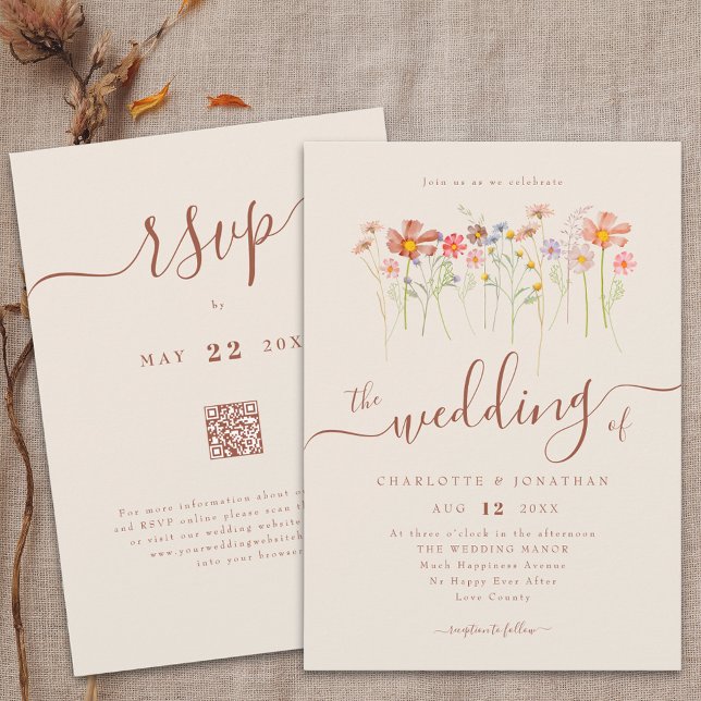 Invitation Fleur sauvage Boho Fall Beige Terracotta Code QR (Boho fall Wildflower floral beige terracotta Wedding qr code invitation Watercolor meadow flowers)