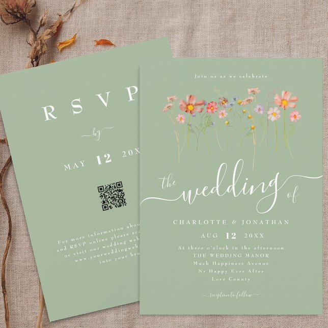 Invitation Fleur sauvage Boho Fall Sage Green Code QR Mariage (Boho fall Wildflower floral sage green Wedding qr code invitation Elegant modern script watercolor)