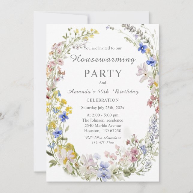 Invitation Fleur sauvage Boho Houseréchauffer et Anniversaire (Devant)