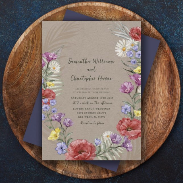 Invitation Fleur sauvage Boho Kraft & Mariage violet (Créateur téléchargé)