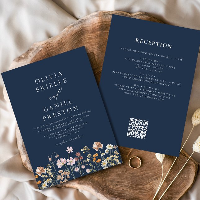 Invitation Fleur sauvage Boho Marine bleu QR Code Mariage (Créateur téléchargé)
