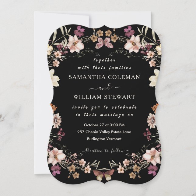 Invitation Fleur sauvage Boho moderne Elégant Mariage noir (Devant)