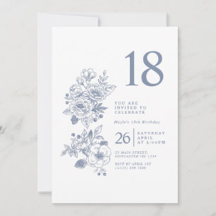 Invitation Fleur sauvage botanique Dusty Blue 18e anniversair