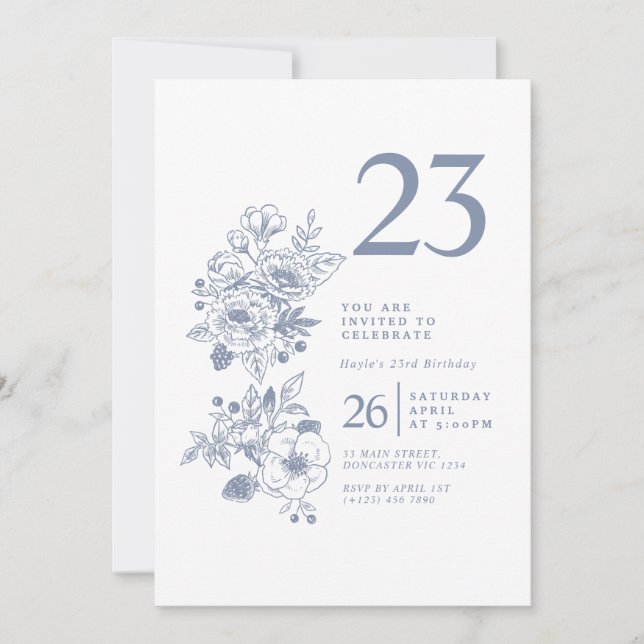 Invitation Fleur sauvage botanique Dusty Blue 23e anniversair (Devant)