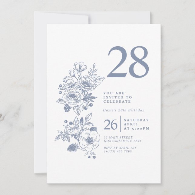 Invitation Fleur sauvage botanique Dusty Blue 28e anniversair (Devant)