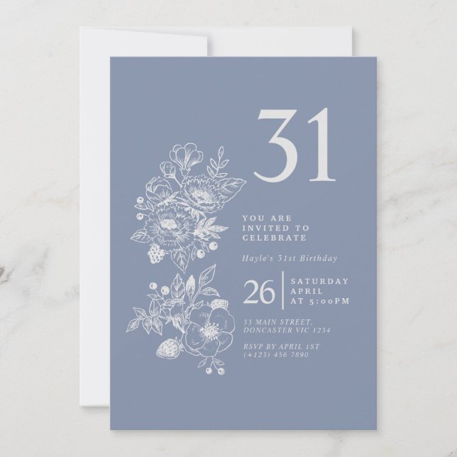 Invitation Fleur sauvage botanique Dusty Blue 31e anniversair (Devant)