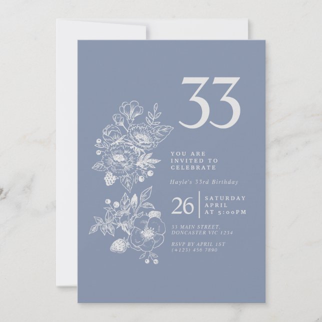 Invitation Fleur sauvage botanique Dusty Blue 33e anniversair (Devant)
