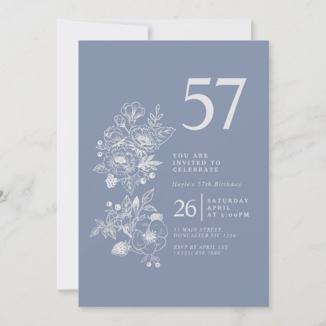 Invitation Fleur sauvage botanique Dusty Blue 57e anniversair (Devant)