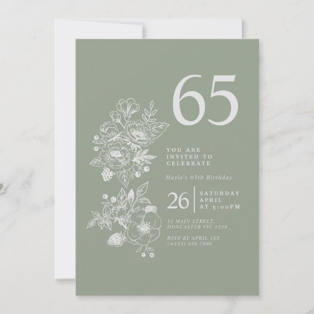Invitation Fleur sauvage botanique Dusty Blue 65e anniversair (Devant)