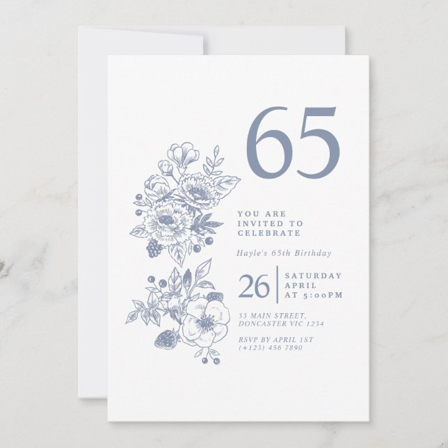 Invitation Fleur sauvage botanique Dusty Blue 65e anniversair (Devant)