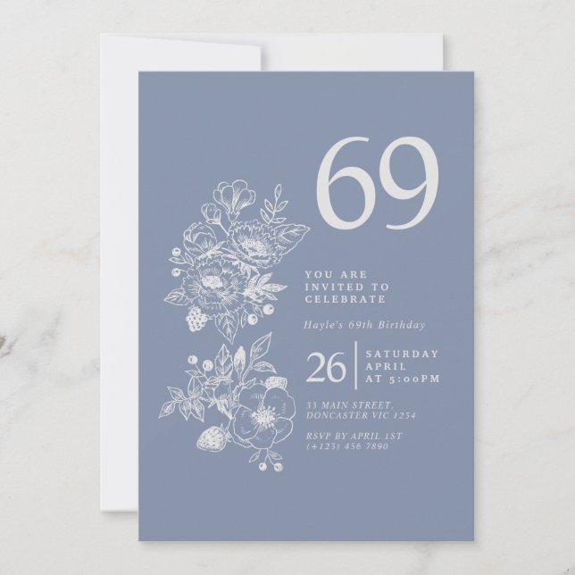 Invitation Fleur sauvage botanique Dusty Blue 69e anniversair (Devant)