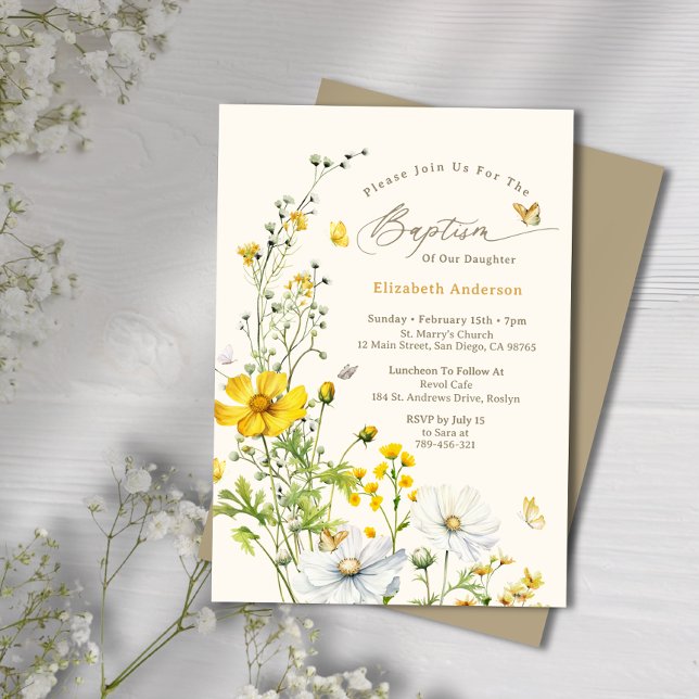 Invitation Fleur sauvage botanique Papillons du jardin Baptêm (Botanical Wildflower Garden Butterflies Baptism Invitation)